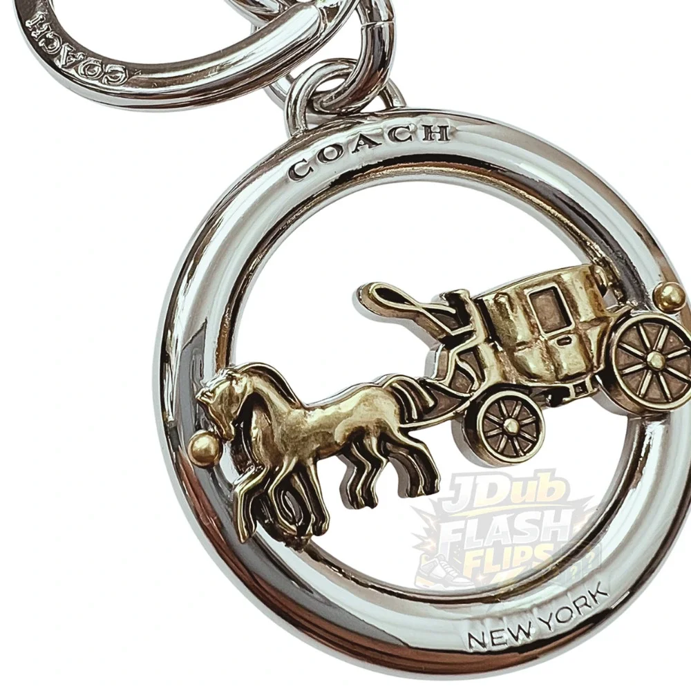 NWT COACH Silver Gold Signature Horse & Carriage Key Fob Bag Charm Pendant 32227